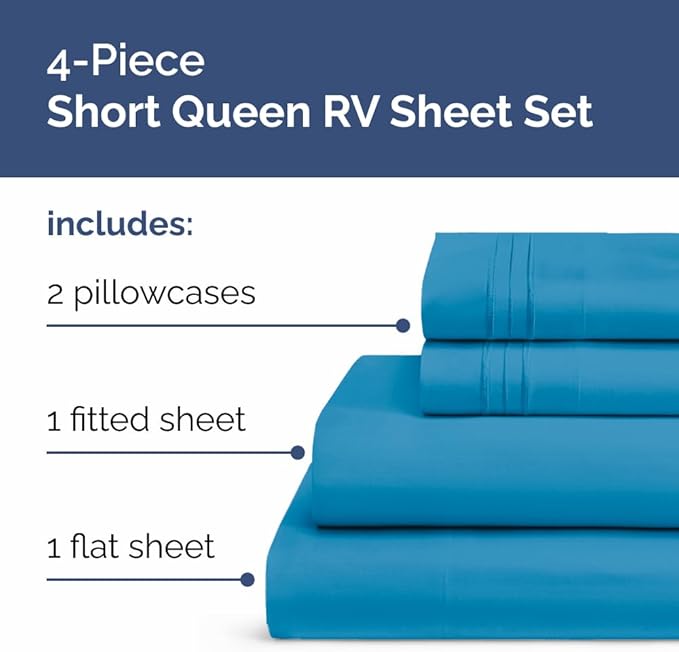 RV Short Queen Sheet Set 60 X 75 - 4 Piece RV Short Queen Bed Sheets - Soft, Breathable & Cooling - Designed for Bunks, Trailers & Campers - Fits 8” to 12" Mattress - Hotel Luxury Bedding - Denim Blue