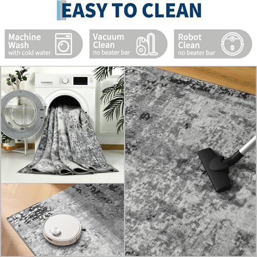 Living Room Rug 7x10 Gray Area Rugs Machine Washable Abstract Boho Large Rug Non-Slip Non-Shedding Faux Wool Indoor Vintage Carpet for Bedroom, Classroom, Dining Room, Kids Playroom - Image 6