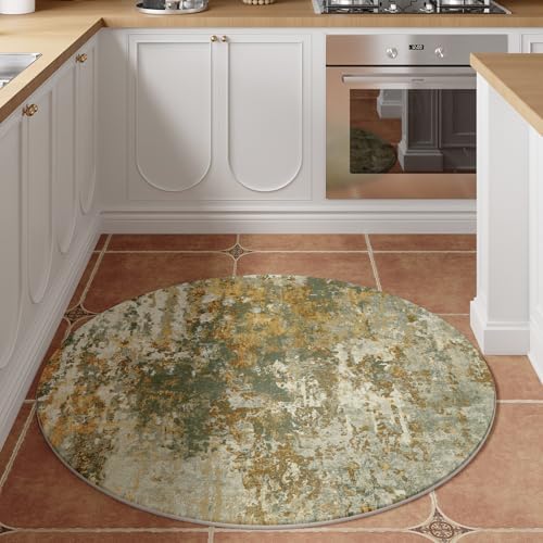 Green Round Area Rugs 4ft Washable Circle Rug for Entryway Kitchen, Non Slip Soft Low Pile Stain Resistant, Boho Circular Carpet for Living Room Bedroom Dorm Dining Room Table, Abstract Sage Green - Image 4