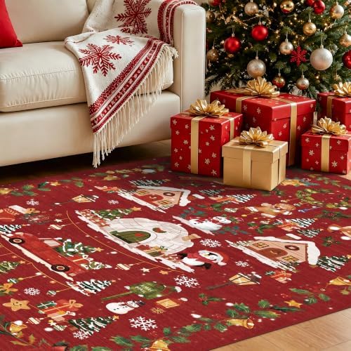 Christmas Runner Rug 2x5 for Hallway - Red Non Slip Washable Low Pile Carpet Santa Claus Holiday Decor Water Resistant Throw Rug for Kitchen Entryway Laundry Ultra Soft Bedroom Beside Mat（2x5,Red） - Image 2