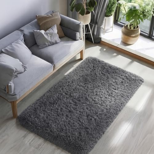 Ophanie Runner Rug for Hallway, 3x6 Washable Non-Slip Fluffy Soft Bedside Rugs, Bedroom Living Room Shaggy Carpet for Kids Girls Boys Dorm Nursery Decor Aesthetic, Grey with Over 99 pcs Pile fibers - Image 6