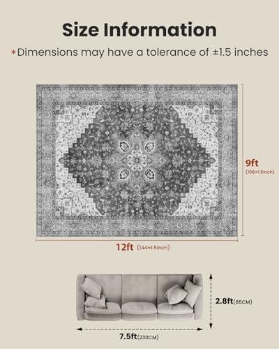 Amada Large 9x12 Washable Area Rug for Living Room, Light/Gray, Vintage - Image 2