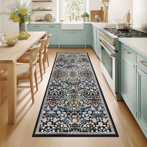PLHXFR 2x6 Washable Runner Rug：Floral Indoor Kitchen Carpet Dark Black by PLHXFRSoftAreaRugs