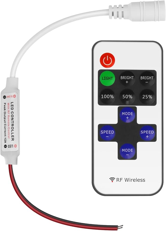 RF Mini Wireless Remote Controller for Single Color 3528 5050 LED Strip Lights, Wireless Remote Control with DC to Wire Connector, RF Dimmer