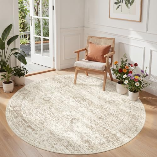 Round Rug 5ft,Circle Rug for Dining Room Table,Beige - Image 5