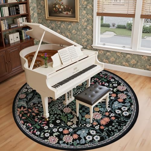 PLHXFR Round Area Rug Living Room: 8 ft Floral Washable Carpet Dark Black - Image 4