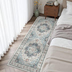 Madane Blue Runner Rug, 2x5, Low-Pile, Non-Slip, Washable, Stain Resistant, Retro, Machine-Made, Microfiber, Floral, Kitchen, Living Room, Bedroom, Laundry Room by Madane
