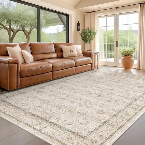 Beige Floral Washabel Area Rug for Living Room - 7x9 Non Slip Rugs for Dining Room Under Table, Bedroom Under Bed, Modern Farmhouse Décor Indoor, Low Pile Soft Geometric Carpet with Rubber Backing by HazoHaus