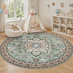 Round Area Rug for Living Room: 8ft Boho Washable Rug Brown Green - Image 5