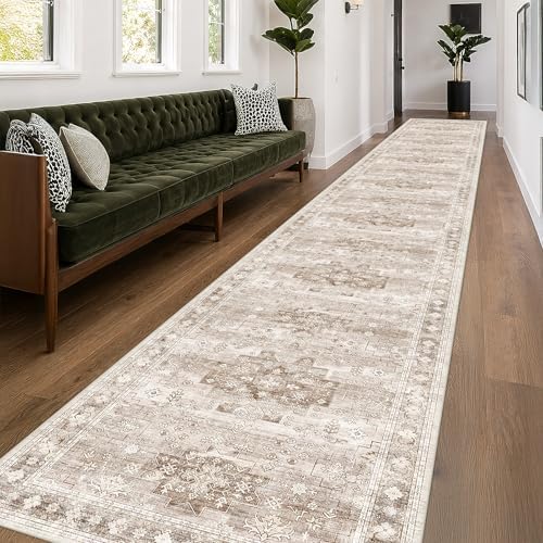 Hazo Haus Washable 3x20 Extra Long Runner Rug for Hallway, Waterproof Large Kitchen Floor Rug, Non-Slip Stain & Fade Resistant, Vintage Farmhouse Floral Décor (3x20 Beige/Latte) by HazoHaus