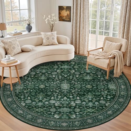 Round Area Rug for Living Room: 4ft Boho Washable Rug Deep Green by EXPEDIX