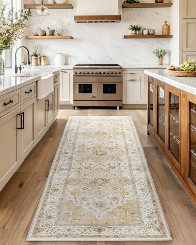 Amada 2'6" x 8' Washable Runner Rug for Hallway, Beige, Vintage Style by AMADAHOMEFURNISHING
