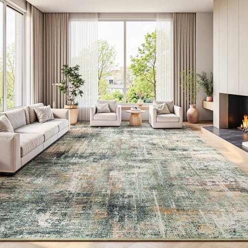 10x12 Area Rug for Living Room, Abstract Washable Large Rugs, Coffee/Green by Lofus