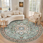 Round Area Rug for Living Room: 8ft Boho Washable Rug Brown Green by EXPEDIX