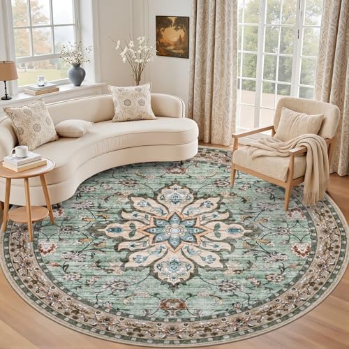Round Area Rug for Living Room: 8ft Boho Washable Rug Brown Green by EXPEDIX