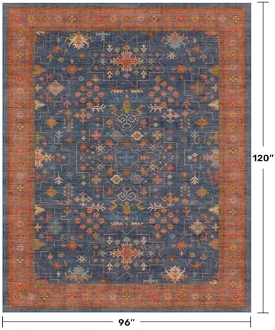 Washable Navy Blue Living Room Rug, 8x10 Area Rug For Bedroom, Dining Room Rugs for Under Table - Low Pile Non-Slip Rubber Backing Stain Resistant Rug - Aethestic Boho Home Decor (8x10 Navy Blue) - Image 2