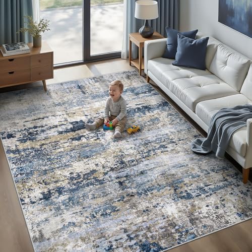 pmtsns Area Rugs 5x7 for Living Room: Washable Rug Modern Abstract Neutral Soft Non-Slip Low-Pile Indoor Carpet for Bedroom Dining Room Playroom Home Office (Blue Grey Brown, 5'x7') by pmtsns