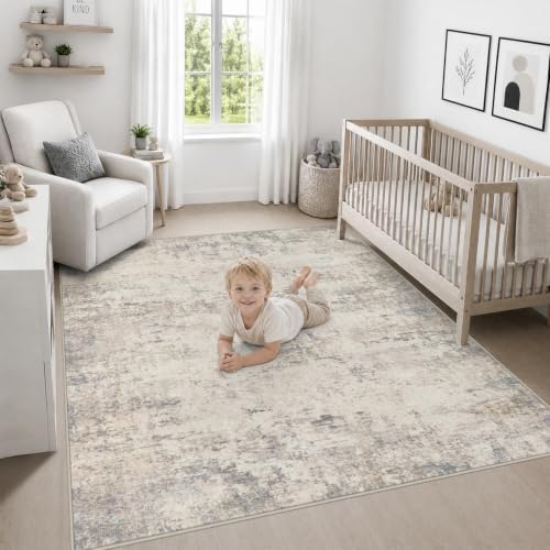 Area Rug Living Room: 8x8 Modern Washable Soft Carpet Brown Beige - Image 5