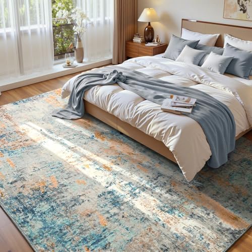 Ompaa Living Room Rug 6x9 Blue Area Rug Machine Washable Boho Rug Non Slip Abstract Vintage Indoor Large Rugs for Bedroom, Classroom, College Dorm, Farmhouse, Dining Room, Kids Playroom by OmpaaHomeDecor