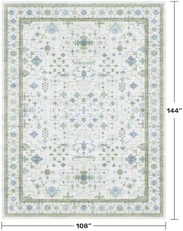 Green Area Rugs 9x12 Living Room - Washable Oriental Geometric, Extra Large for Bedroom Non Slip Soft Faux Wool Carpet for Dining Room Playroom, Lounge - Blue and Green Floral Rug - Image 2
