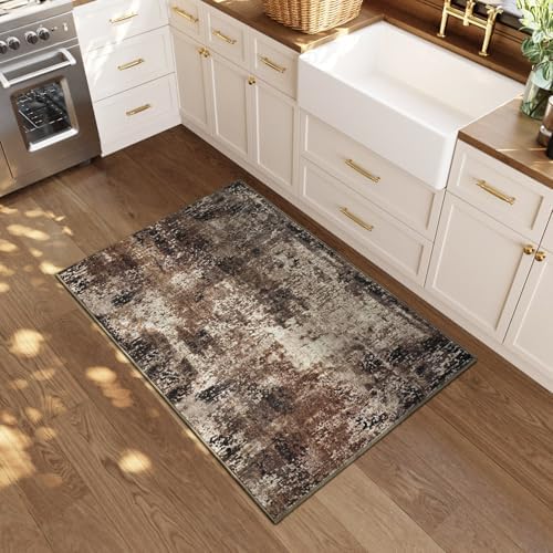 Entrance Rugs Indoor 2x3 Brown Entry Rug Washable Abstract Coffee Small Area Rug Non-Slip Low Pile Throw Rugs for Entryway, Kitchen Floor, Front Door Indoor Door Mat, Bathroom, Bedroom Bedside - Image 2