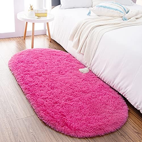 2.6x5.3 Hot Pink Fluffy Soft Oval Rug Non-Slip for Kids Bedroom Nursery by ModernHomeDecor
