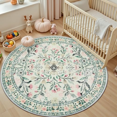 PLHXFR Round Area Rug Living Room: 4 ft Floral Washable Carpet Green Beige - Image 5