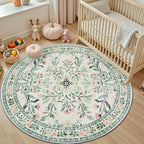 PLHXFR Round Area Rug Living Room: 6 ft Floral Washable Carpet Green Beige - Image 5