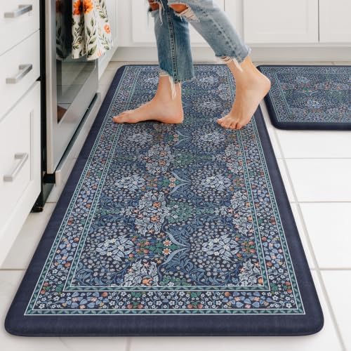 Collive Kitchen Mats for Floor, Dark Blue Kitchen Rugs 20"x47"+20"x32" by Collive