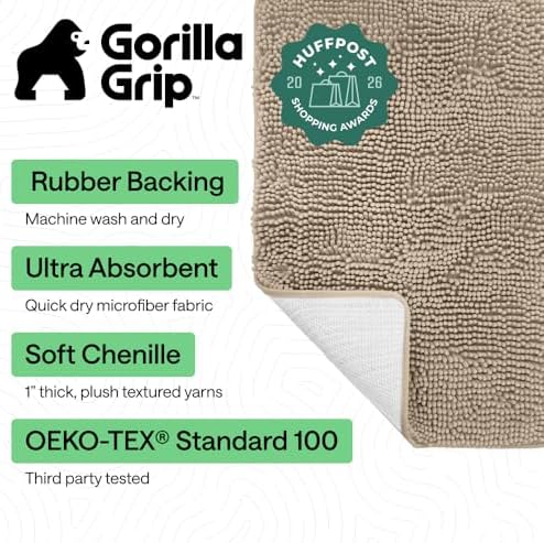 GORILLA GRIP Bath Rug Mat for Bathroom, Absorbent Chenille 24x17 Gray Beige - Image 2