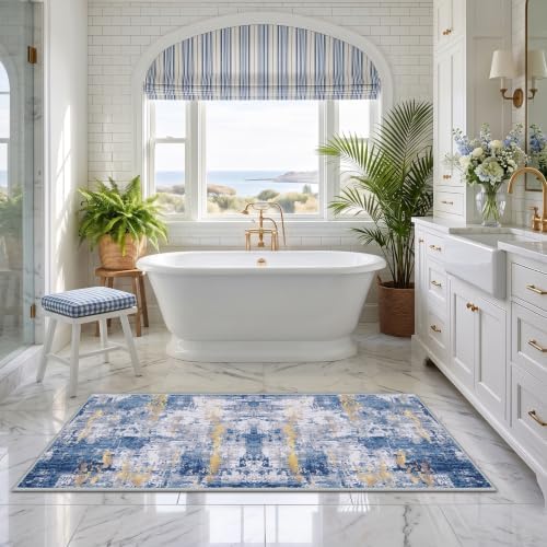 RELEANY Washable Runner 2'x6' Abstract Area Rug for Hallway Blue Gold - Image 5