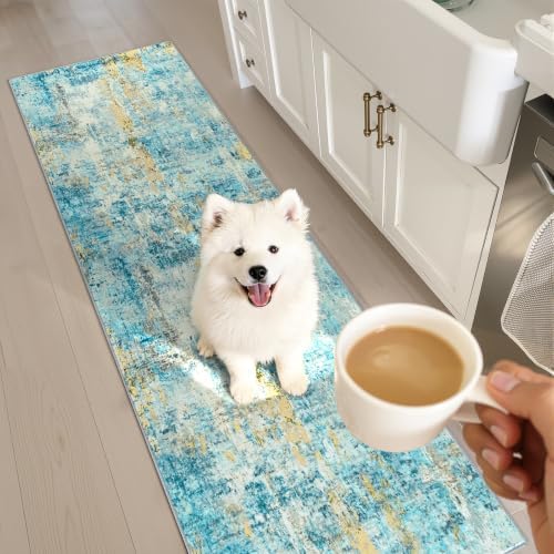 3x8 Teal Blue Rug Runners for Hallways Kitchen Runner Rug Non Slip Washable Black Long Runner Rugs with Rubber Backing Soft Abstract Carpet Runner for Bedroom, Kitchen, Bathroom, Entryway - Image 2