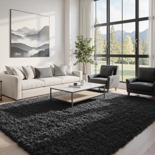 6x9 Fluffy Shag Area Rugs for Living Room Bedroom: Soft Plush Carpet Black - Image 2