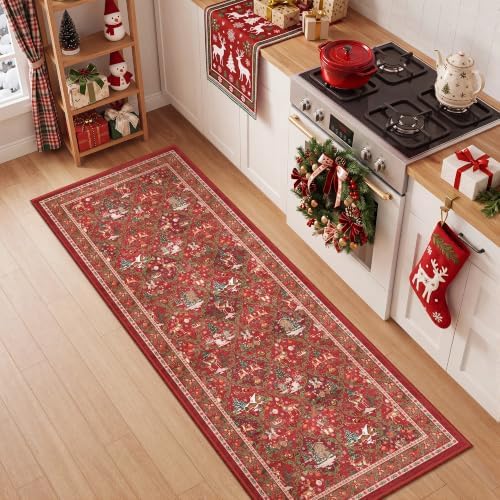 2x5 Christmas Runner Rug for Hallway,Washable Kitchen Rugs,Red by Restydon
