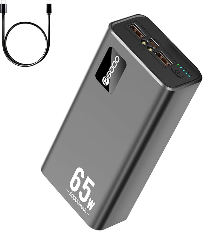 PSOOO 50000mAh Power Bank 65W, Portable Charger,External Battery Pack for Outdoor Camping, Home & Office. Emergency Back-up Power for Smartphones, Tablets and Laptop