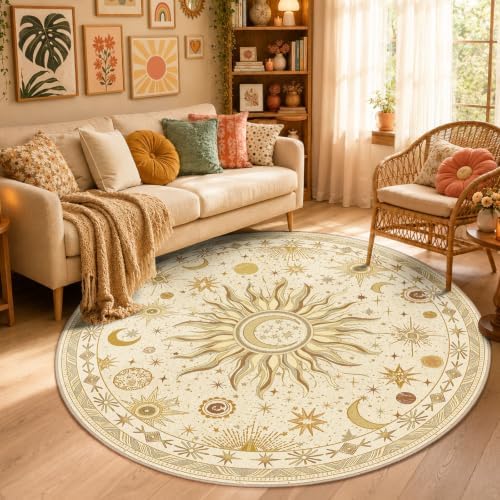 Vacuum-Friendly, Round 6ft Washable Area Rug, Beige Camel Brown by meejou