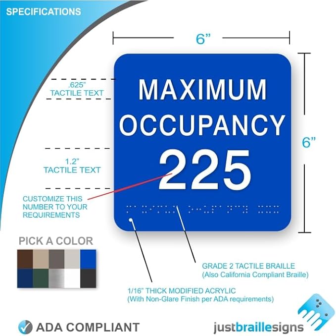 JUSTBRAILLESIGNS CUSTOMIZABLE MAXIMUM OCCUPANCY braille sign, 6” x 6”, Max Occupancy Identification Sign for business, buildings, elevators, etc., Many Colors Choices, Made in USA (Black)