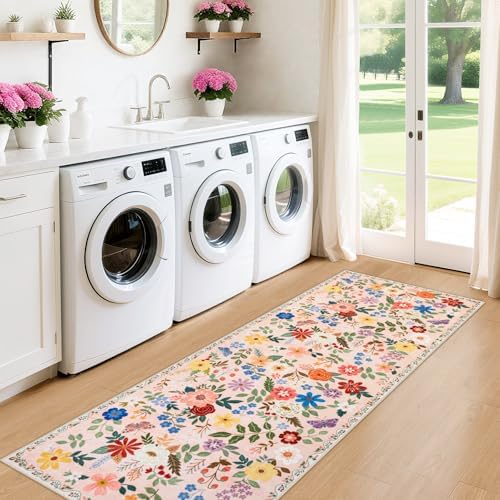 PLHXFR 2x6 Washable Runner Rug：Floral Indoor Kitchen Soft Carpet Beige - Image 4