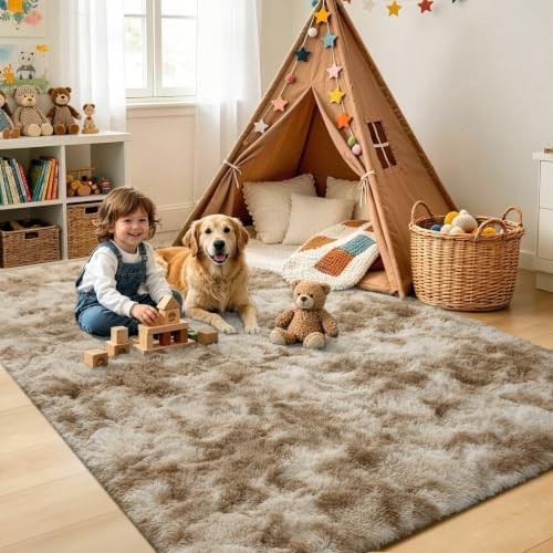 6x9 Large Tie-Dyed Beige Fluffy Area Rug Non-Slip for Living Room Bedroom - Image 4