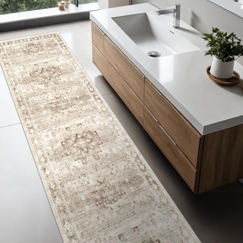 Hazo Haus Non Slip Hallway Runner Rug - 2 x 10 Runner Rug, Washable & Waterproof Kitchen Floor Mat - Extra Long Neutral Farmhouse Boho Design Décor (2x10 Beige/Latte) - Image 3