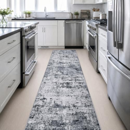 2.6x14 Washable Runner Rug:Modern Abstract Indoor Soft Carpet Grey - Image 5