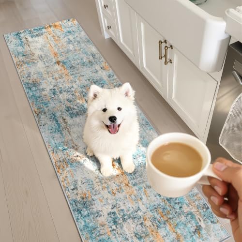 3x8 Blue Rug Runners for Hallways Kitchen Runner Rug Non Slip Washable Black Long Runner Rugs with Rubber Backing Soft Abstract Carpet Runner for Bedroom, Kitchen, Bathroom, Entryway - Image 2