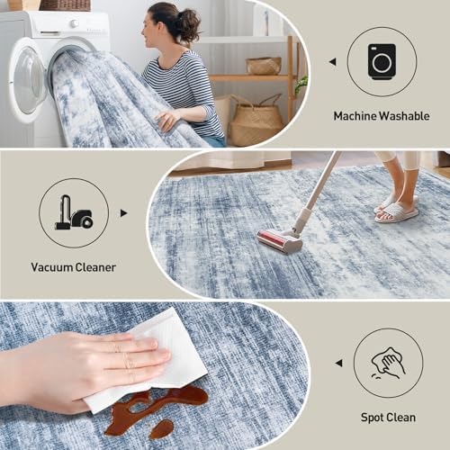 6x9 Area Rugs for Living Room: Washable Abstract Blue White Bedroom Carpet - Image 4