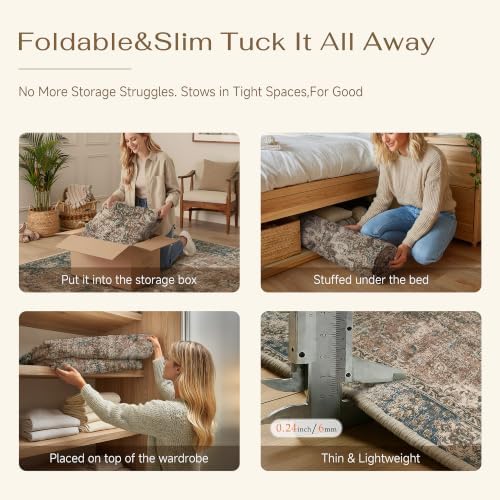 HUGEAR 5x7 Blue Brown Retro Floral Washable Area Rug for Living Room - Image 6