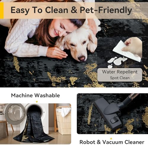 RELEANY Washable Round 4ft Area Rug for Living Room Black Gold - Image 4