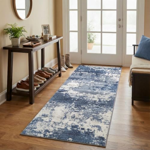 2x5 Blue Rug Runners for Hallways Kitchen Non Slip Washable Entryway Runner Rugs with Rubber Backing 5ft Long Carpet Runner for Laundry Room Bedroom, Low Pile Stain & Fade Resistant, Abstract Navy - Image 2