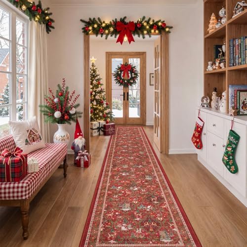 2x10 Christmas Runner Rug for Hallway,Washable Kitchen Rugs,Red by Restydon