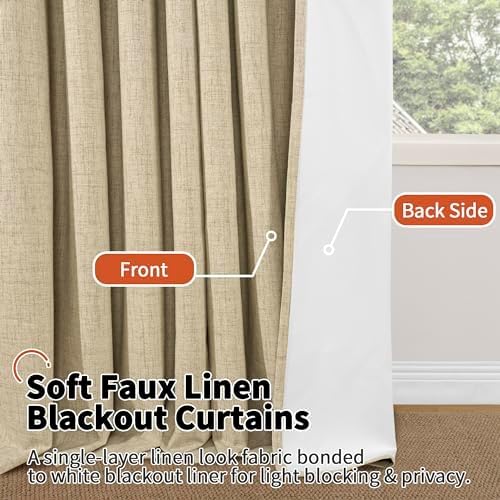 Blackout Curtains 54 Inch Length 2 Panels for Bedroom, Thermal Insulated Total Light Blocking Noise Reducing Linen Window Curtains for Farmhouse, Bronze Grommet, Burlap, Each 52" Wide