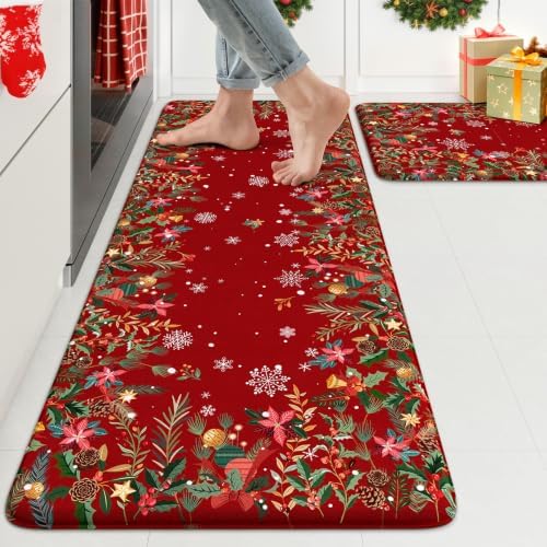 KIMODE Christmas Decor Kitchen Mats for Floor Anti Fatigue Cushioned, Red by StayinComfortCookwithJoy