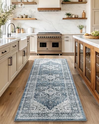 Amada 2'6"x10' Washable Runner Rug for Hallway, Blue, Vintage Style by AMADAHOMEFURNISHING